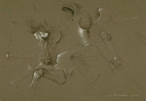 Don Quijote con alma búlgara. Rocinante VI. Tinta china y lápiz blanco, 70 x 100 cm. 2005